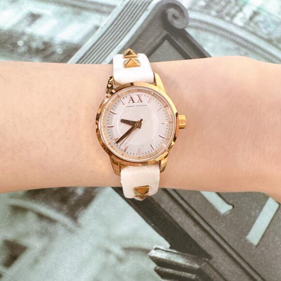 Armani Exchange AX6020 Rose Gold Studded White Leather Strap Watch